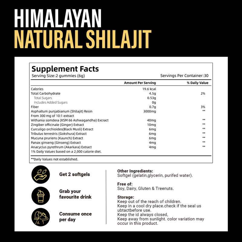 VivoNu Himalayan Shilajit Gummies | With Ashwagandha, Gokshura & other herbs | No added sugar | 60 Gummies