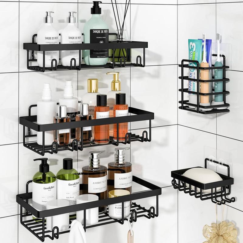 5 Pack Shower Caddy Organizer Rack Shelf for Inside Shower, Adhesive Bathroom Wall Storage Basket Rustproof Stainless Steel Shampoo Holder, Bathroom Accessory Decor Set