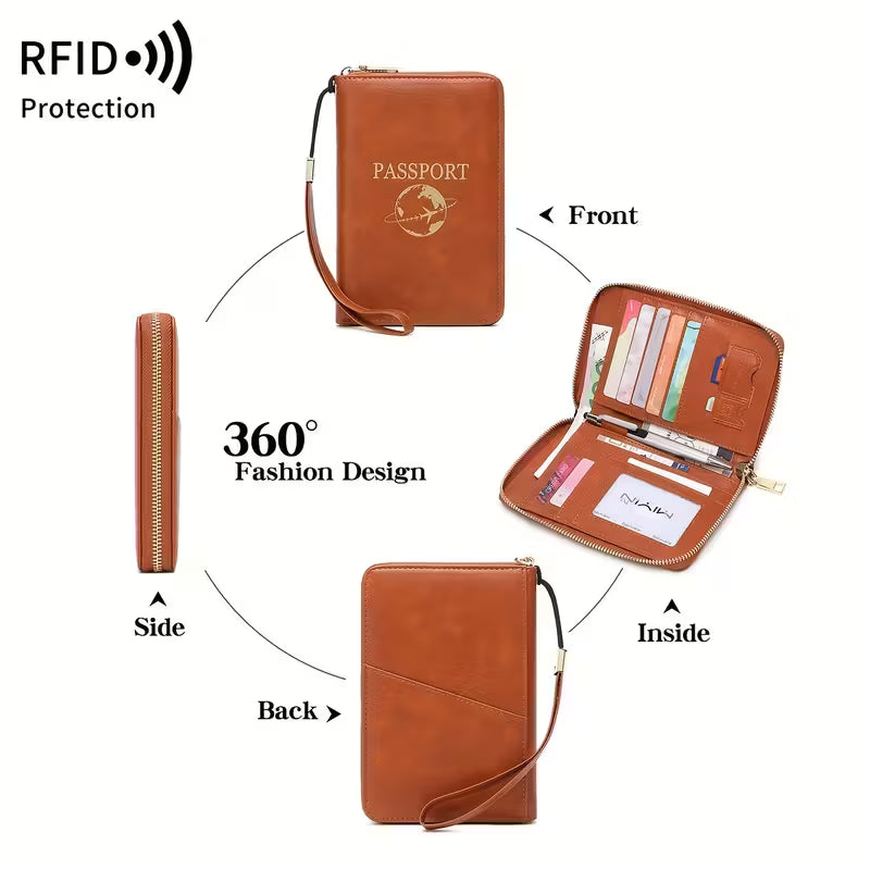 MIYIN RFID Shielded Passport Holder, Multifunctional Travel Wallet with Card Slot, ID Window, Wristband, Zip Closure, Large Capacity