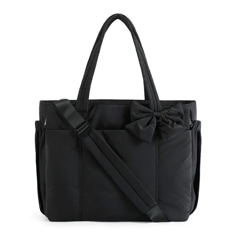 BAGSMART Crush Bow Tote Bag for Women 15.6" Laptop Friendly Lightweight Puffy Handbag with Removable Bow & Multiple Compartments for Travel Work Beach Gym 20L Capaci