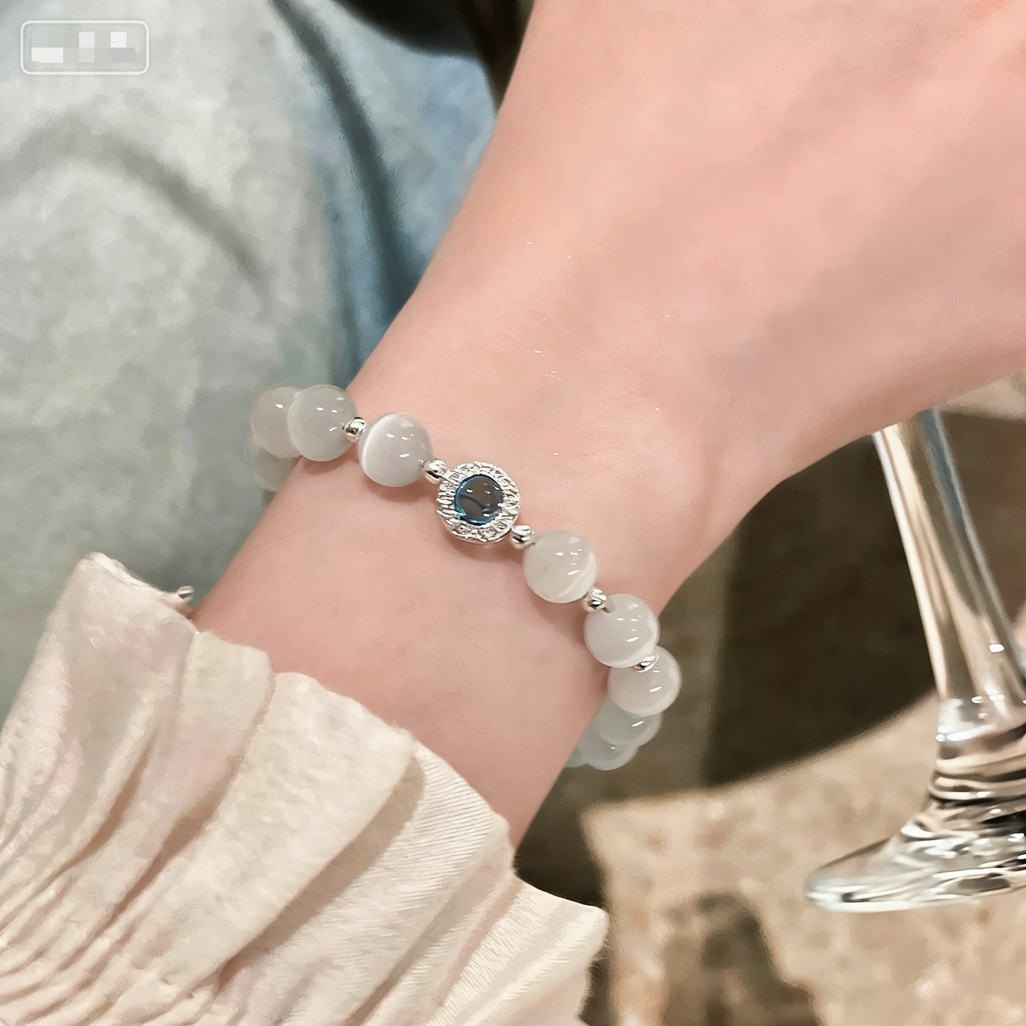 Underwater Starry Sky - Cat's Eye Stone and Silver Bead Bracelet for Women, a luxurious and elegant piece of jewelry.