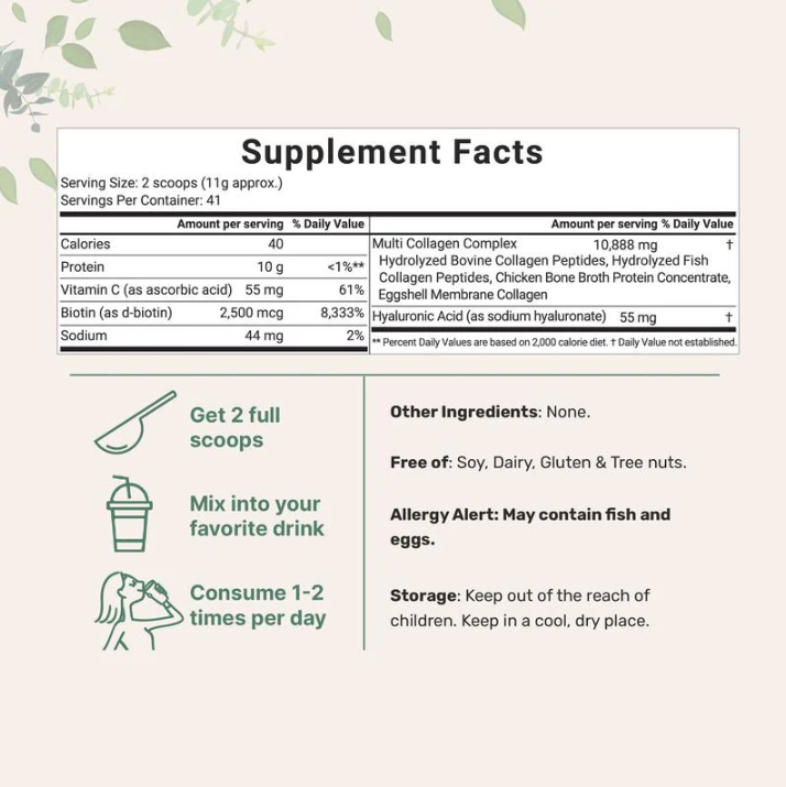 Ingredients Multi Collagen Peptides Powder - Hydrolyzed Protein Peptides (Type I,II,III,V,X) With Hyaluronic Acid, Biotin & Vitamin C Unflavored