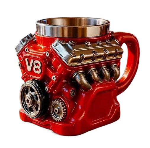 Retro Engine Coffee Mug, V8 Engines Stainless Steel Cup, Personalized Double Wall Insulation Car Mug with Handle Perfect for Father's Day, Husband, Mechanic, Car Enthusiast