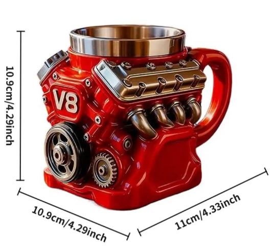 Retro Engine Coffee Mug, V8 Engines Stainless Steel Cup, Personalized Double Wall Insulation Car Mug with Handle Perfect for Father's Day, Husband, Mechanic, Car Enthusiast