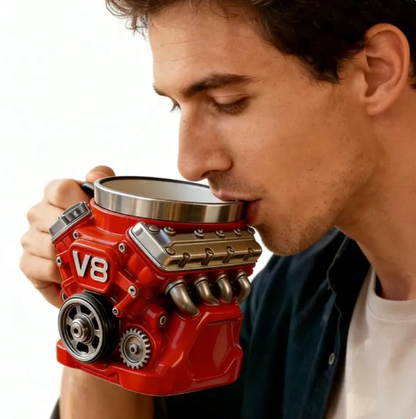 Retro Engine Coffee Mug, V8 Engines Stainless Steel Cup, Personalized Double Wall Insulation Car Mug with Handle Perfect for Father's Day, Husband, Mechanic, Car Enthusiast