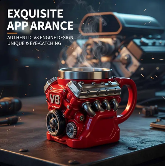 Retro Engine Coffee Mug, V8 Engines Stainless Steel Cup, Personalized Double Wall Insulation Car Mug with Handle Perfect for Father's Day, Husband, Mechanic, Car Enthusiast
