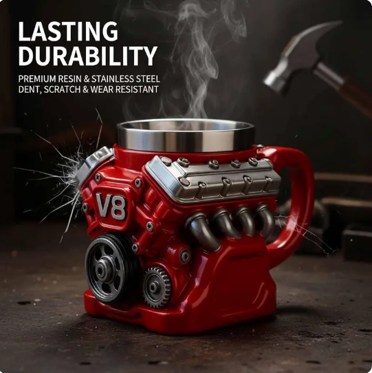 Retro Engine Coffee Mug, V8 Engines Stainless Steel Cup, Personalized Double Wall Insulation Car Mug with Handle Perfect for Father's Day, Husband, Mechanic, Car Enthusiast