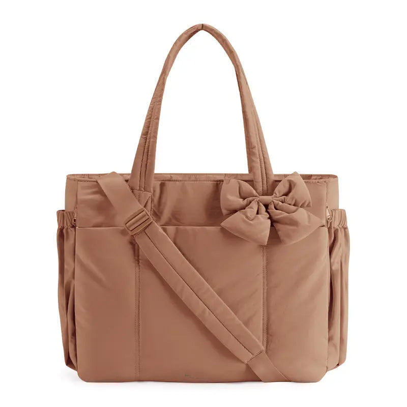 BAGSMART Crush Bow Tote Bag for Women 15.6" Laptop Friendly Lightweight Puffy Handbag with Removable Bow & Multiple Compartments for Travel Work Beach Gym 20L Capaci