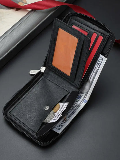 Men’s Embossed Soft Leather Short Zip Wallet | Ultra-Slim Multi-Card Slot + Photo Slot Large-Capacity Card Holder