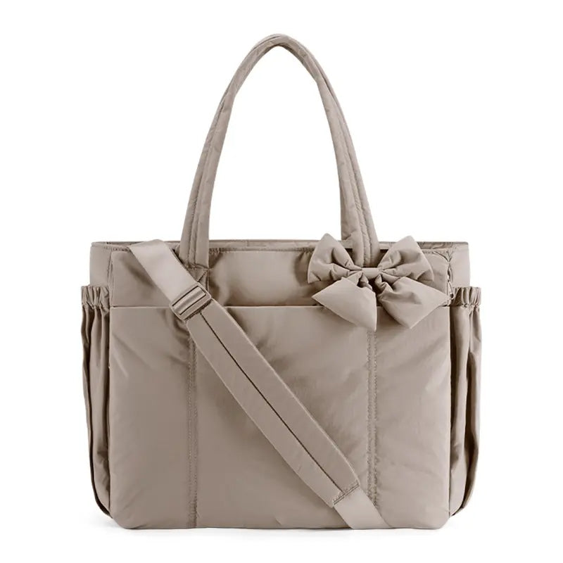 BAGSMART Crush Bow Tote Bag for Women 15.6" Laptop Friendly Lightweight Puffy Handbag with Removable Bow & Multiple Compartments for Travel Work Beach Gym 20L Capaci