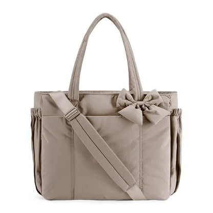 BAGSMART Crush Bow Tote Bag for Women 15.6" Laptop Friendly Lightweight Puffy Handbag with Removable Bow & Multiple Compartments for Travel Work Beach Gym 20L Capaci