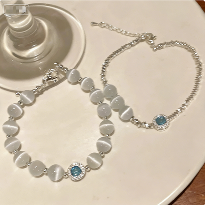 Underwater Starry Sky - Cat's Eye Stone and Silver Bead Bracelet for Women, a luxurious and elegant piece of jewelry.