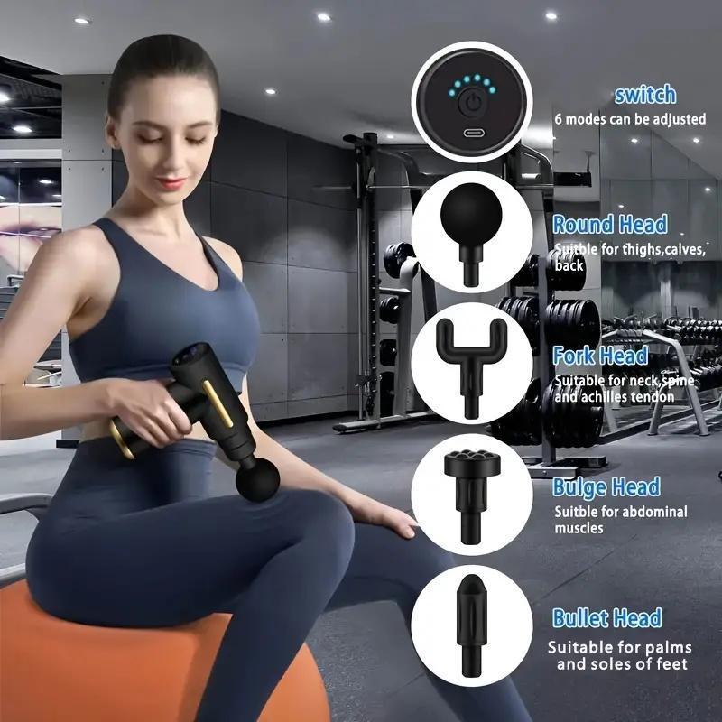 Electric Massage Machine with Replacement Heads, 1 Set Portable Handheld Comfort Muscle Massage Gun,Home Portable USB Rechargeable 6-Speed Body MassageGun,Back Pain Relief Post-Workout Relaxation Black Massager Gift