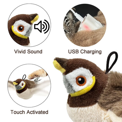 Interactive Flying Sparrow Cat Toy with Flapping Wings & Chirping - Touch-Start Flying Drone  Bird Toy for Hunting Games