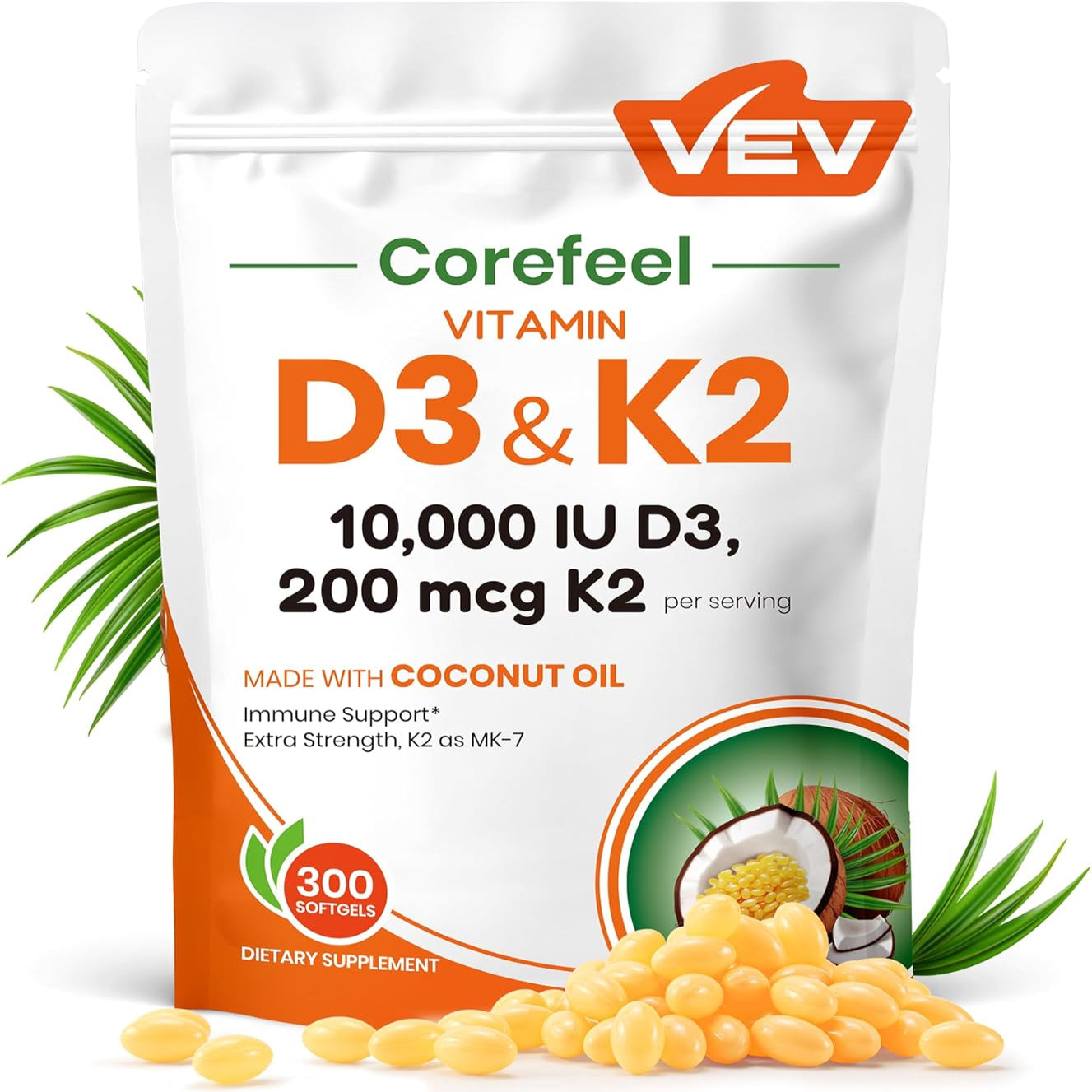 High-Potency Vitamin D3 K2 MK-7 | Complete Bone & Cardiovascular Support in Coconut Oil | 300 Softgels, Easy to Swallow