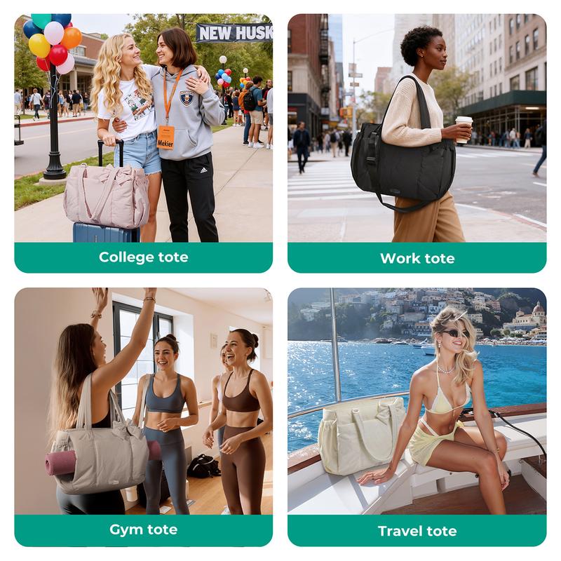 BAGSMART Crush Bow Tote Bag for Women 15.6" Laptop Friendly Lightweight Puffy Handbag with Removable Bow & Multiple Compartments for Travel Work Beach Gym 20L Capaci