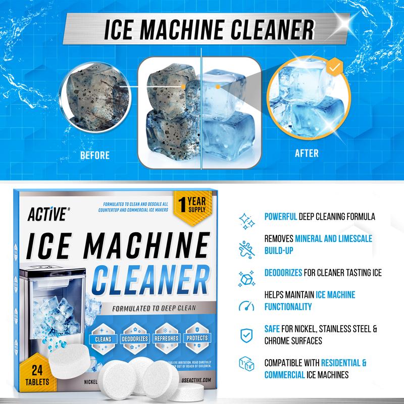 Ice Machine Cleaner Maker Descaler - 24 ACTIVE Clean Tablets Compatible with Frigidaire, Opal, GE Profile, Kitchenaid, Nickel Safe Scale Remover for Countertop, Nugget Ice Makers Bulk 1 Year Supply