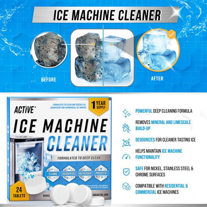 Ice Machine Cleaner Maker Descaler - 24 ACTIVE Clean Tablets Compatible with Frigidaire, Opal, GE Profile, Kitchenaid, Nickel Safe Scale Remover for Countertop, Nugget Ice Makers Bulk 1 Year Supply