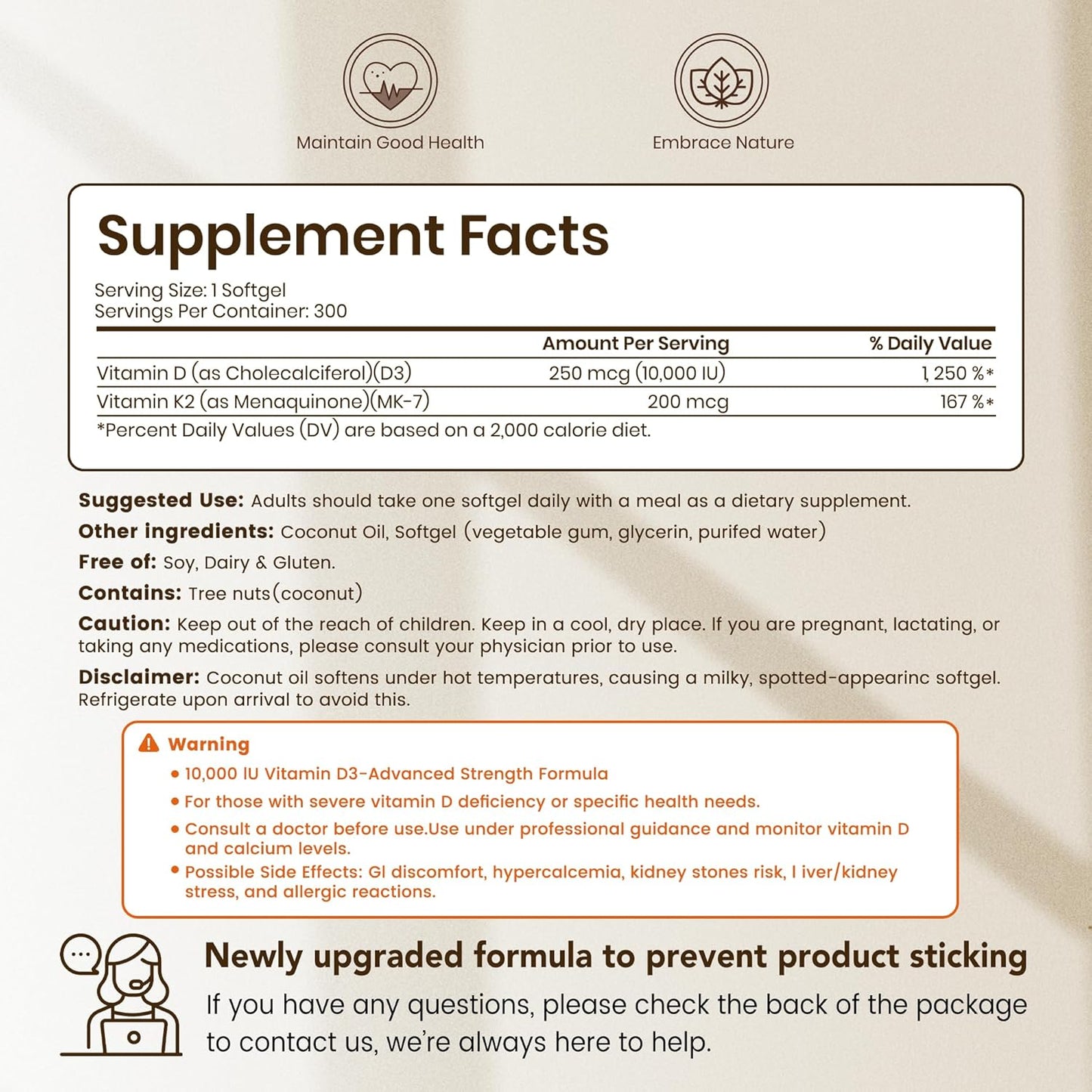 High-Potency Vitamin D3 K2 MK-7 | Complete Bone & Cardiovascular Support in Coconut Oil | 300 Softgels, Easy to Swallow