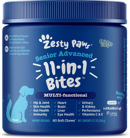 Zesty Paws Multivitamin Treats for Dogs, Glucosamine Chondroitin Joint Support + Digestive Enzymes & Probiotics, Grain Free Dog Vitamins and Supplements for Skin & Coat - 90ct