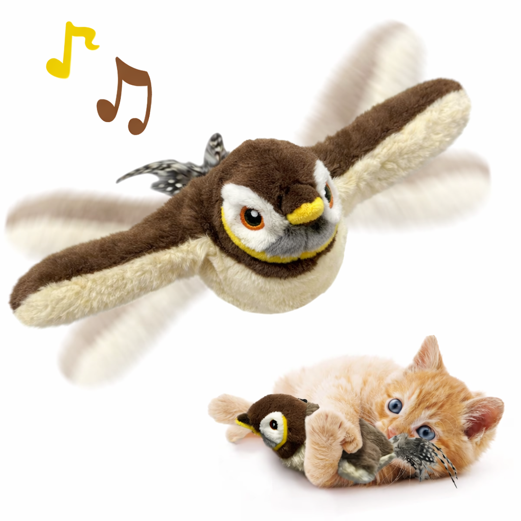 Interactive Flying Sparrow Cat Toy with Flapping Wings & Chirping - Touch-Start Flying Drone  Bird Toy for Hunting Games
