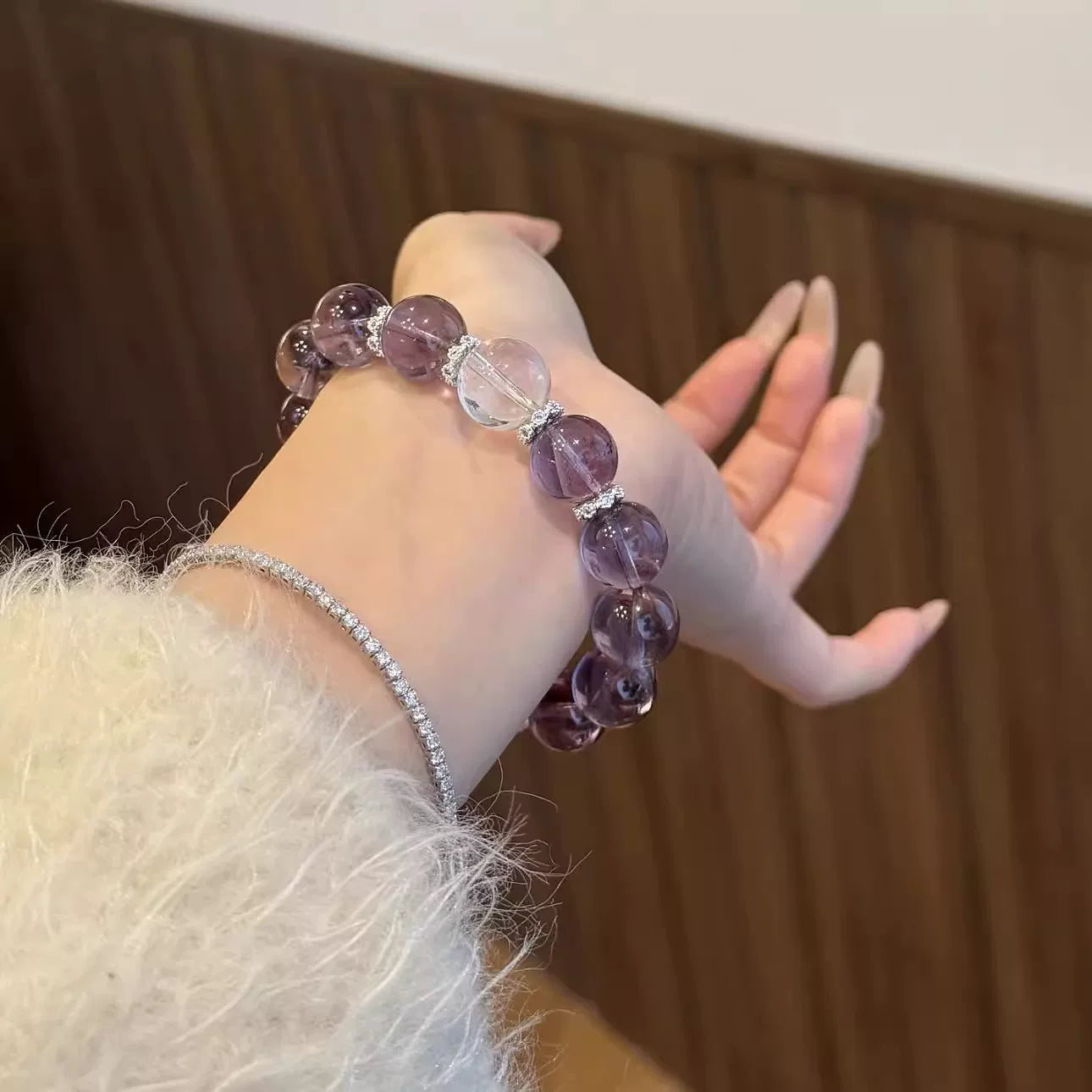 Iced Grape Purple Crystal Bracelet, a high-end, dreamy purple beaded bracelet, an elegant and cool-toned accessory symbolizing good fortune and healing, 12mm beads.