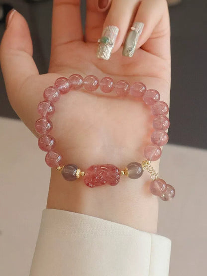 Natural Strawberry Quartz Pixiu Bracelet, Women's Bracelet with Pink Crystal Round Beads and Gray Agate, a perfect gift for friends.