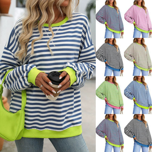 New Arrival Women's Loose-Fit Crewneck Sweatshirt with Colorful Stripes for Autumn & Winter