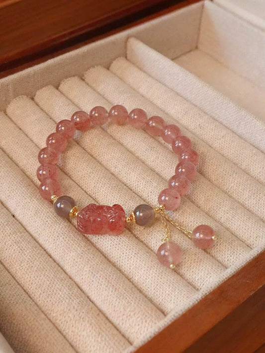 Natural Strawberry Quartz Pixiu Bracelet, Women's Bracelet with Pink Crystal Round Beads and Gray Agate, a perfect gift for friends.