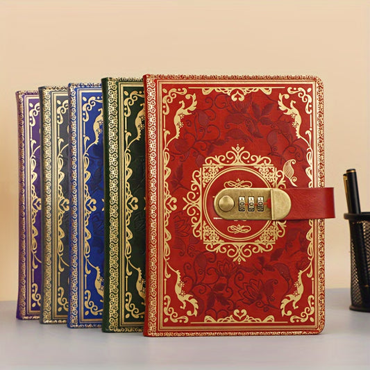A5 Vintage Diary with a Password Lock, Thick PU Leather Notebook with 200 Pages, Ideal for Creative Ledger Use, Office Supplies, Password Management, Student Note-Taking,