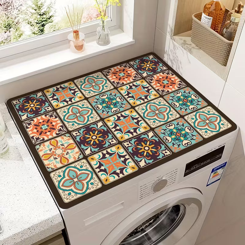 Simple Floral Washer Dryer Cover Mat Fridge Dust Dryer Washing Top Dust-Proof Covers Oven Coffee Mat Desk Cover Boho Style Multi-Purpose Mat (23.6in*19.7in)