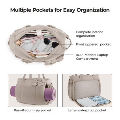 BAGSMART Crush Bow Tote Bag for Women 15.6" Laptop Friendly Lightweight Puffy Handbag with Removable Bow & Multiple Compartments for Travel Work Beach Gym 20L Capaci