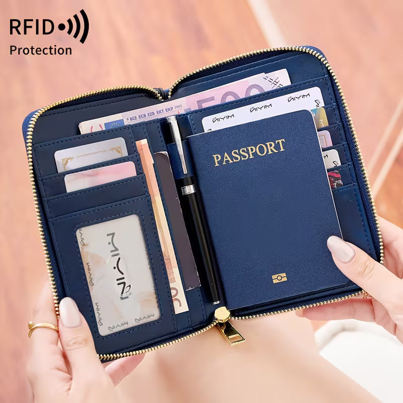 MIYIN RFID Shielded Passport Holder, Multifunctional Travel Wallet with Card Slot, ID Window, Wristband, Zip Closure, Large Capacity