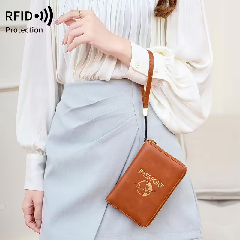 MIYIN RFID Shielded Passport Holder, Multifunctional Travel Wallet with Card Slot, ID Window, Wristband, Zip Closure, Large Capacity