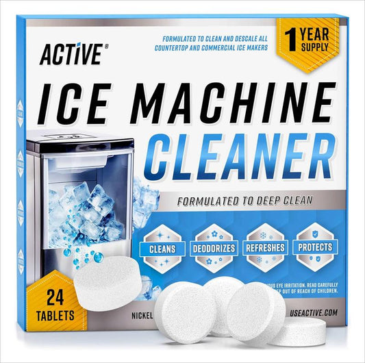 Ice Machine Cleaner Maker Descaler - 24 ACTIVE Clean Tablets Compatible with Frigidaire, Opal, GE Profile, Kitchenaid, Nickel Safe Scale Remover for Countertop, Nugget Ice Makers Bulk 1 Year Supply
